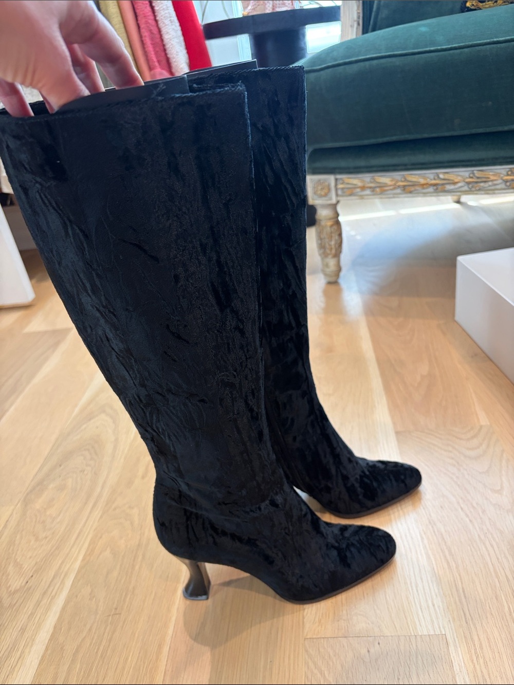 Women's Black Velvet Knee-High Heeled Boots